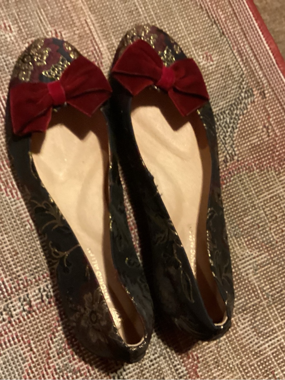 ANTONIO MELANI Navy Brocade Floral Flats with Gold Embroidery